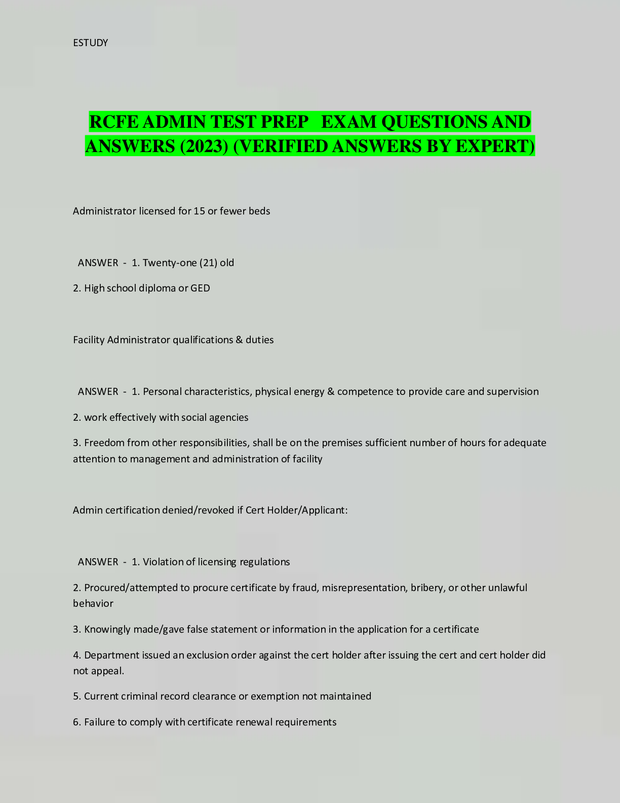 RCFE ADMIN TEST PREP EXAM QUESTIONS AND ANSWERS (2023) (VERIFIED